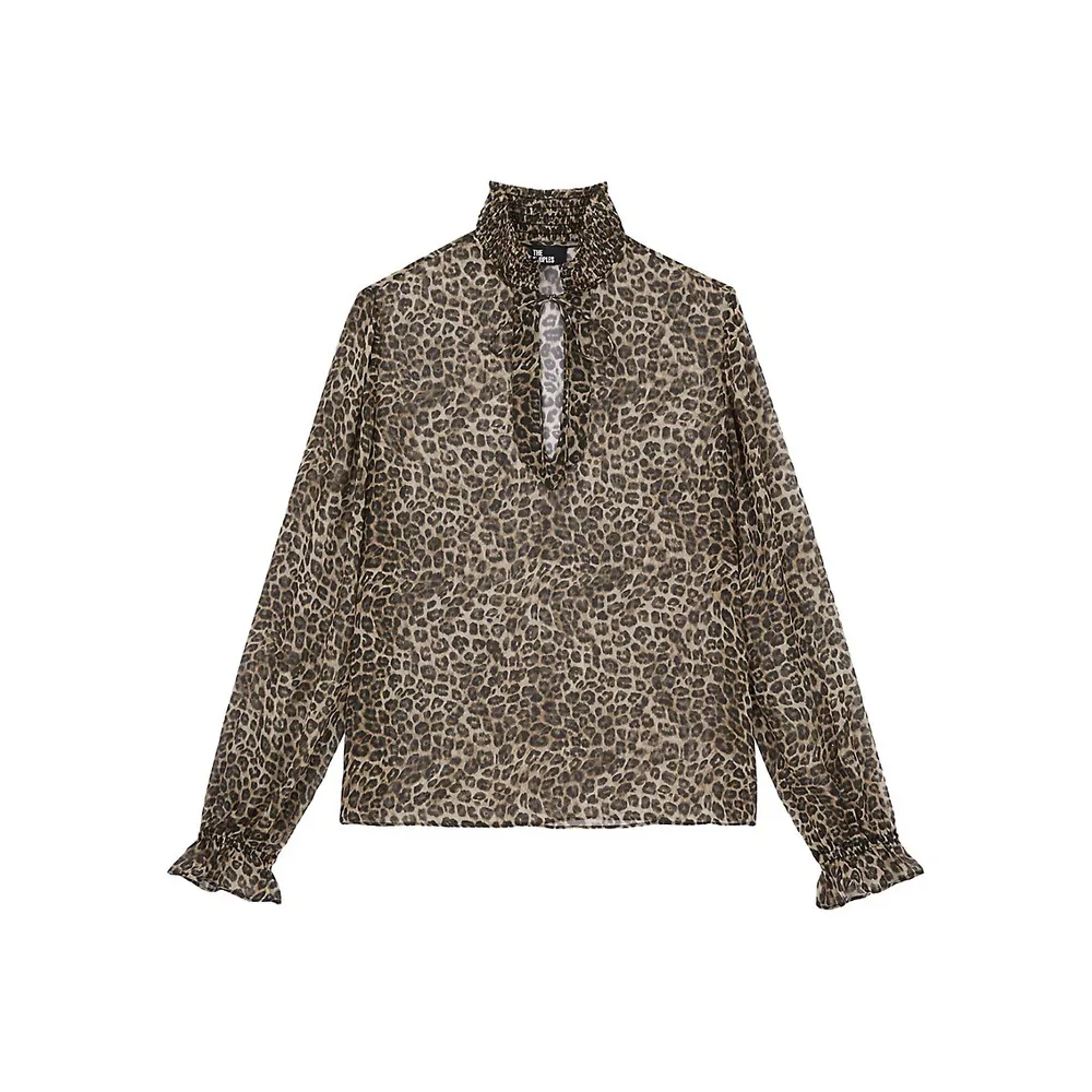 The Kooples Smocked Split Leopard-Print Blouse