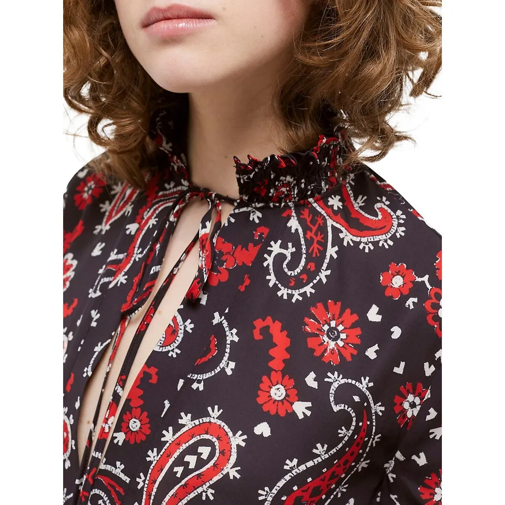 The Kooples Smocked Split Paisley Blouse