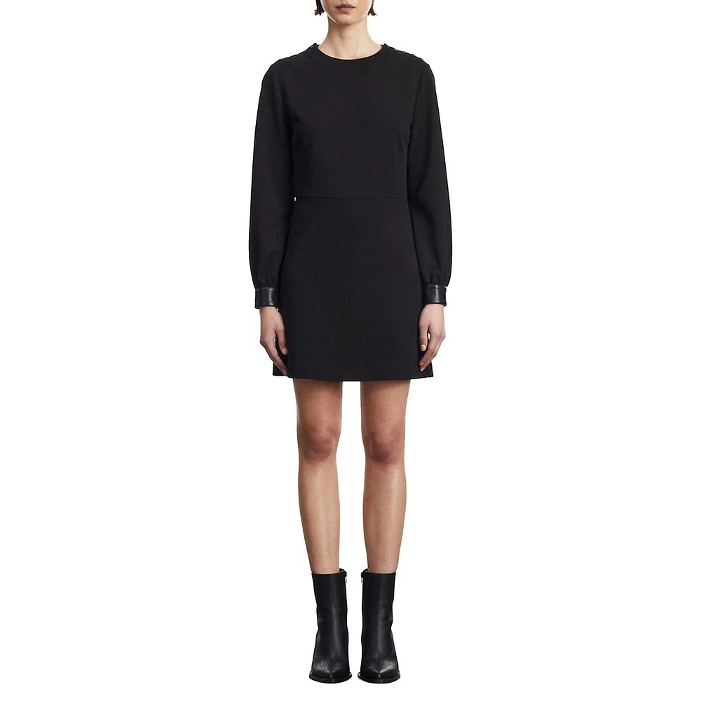 The Kooples Snap-Shoulder & Leather-Trim Crepe Dress