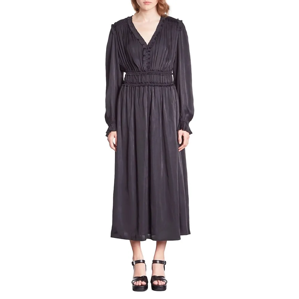 The Kooples V-Neck Elasticized Shirred Midi Dress