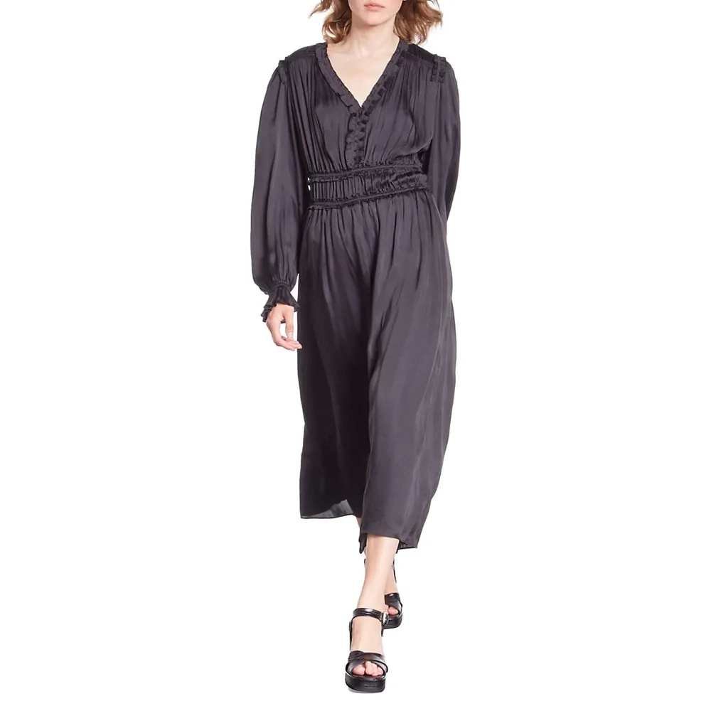 The Kooples V-Neck Elasticized Shirred Midi Dress