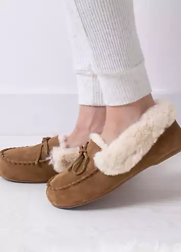 Totes Isotoner Ladies Genuine Suede Moccasin with Faux Fur Lining | Kaleidoscope