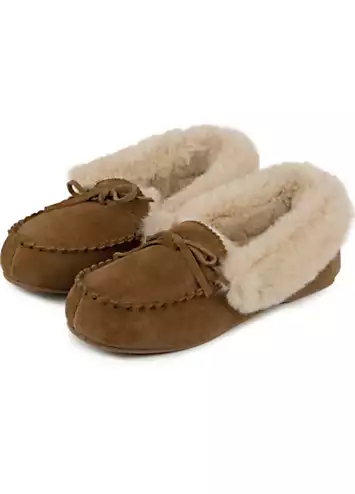 Totes Isotoner Ladies Genuine Suede Moccasin with Faux Fur Lining | Kaleidoscope