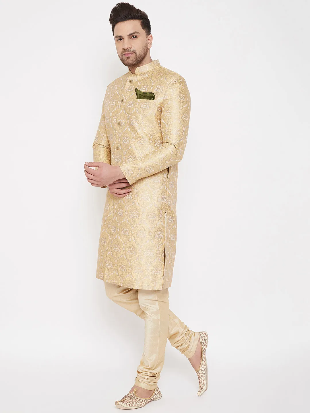 VASTRAMAY Men's Golden Brocade Slim Fit Sherwani Set