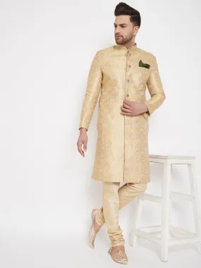 VASTRAMAY Men's Golden Brocade Slim Fit Sherwani Set