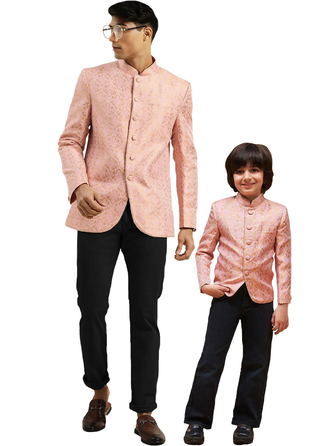 VASTRAMAY Pink Banarasi Brocade Jodhpuri Bapp Beta Set