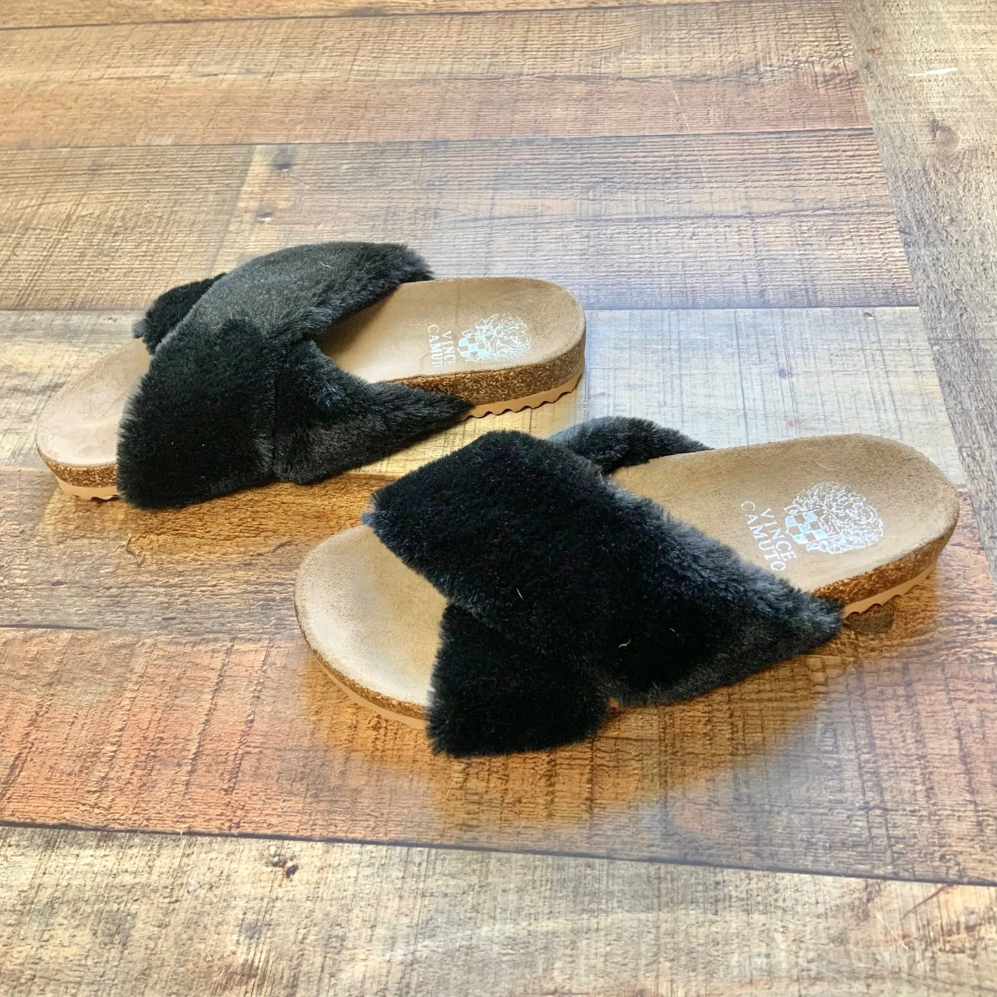 Vince Camuto Black Faux Fur Slip On Slide Sandals- Size 7 (LIKE NEW)