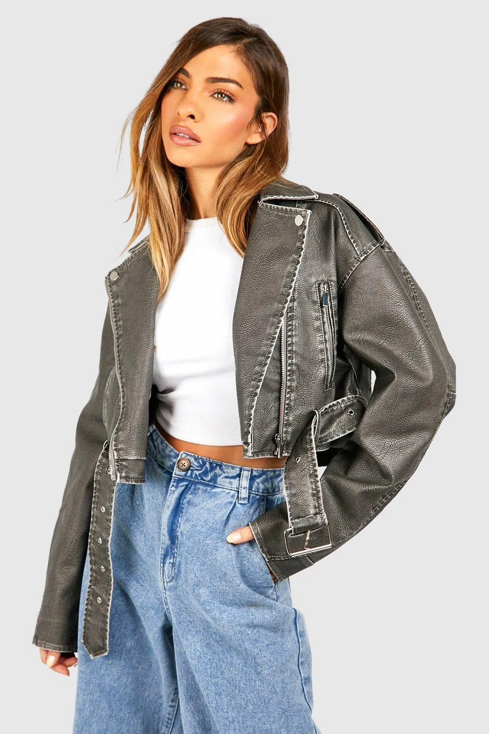 Vintage Look Faux Leather Crop Moto Jacket