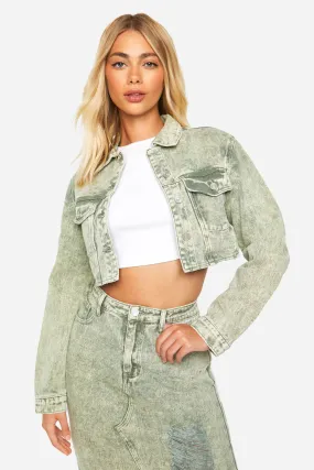 Washed Khaki Acid Wash Crop Denim Jacket