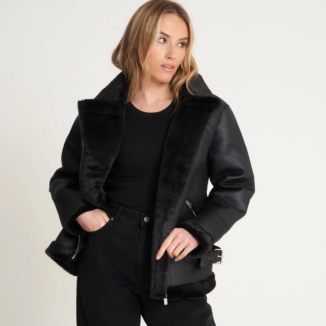 Women's Faux Fur Aviatori in Black | Barneys Originals