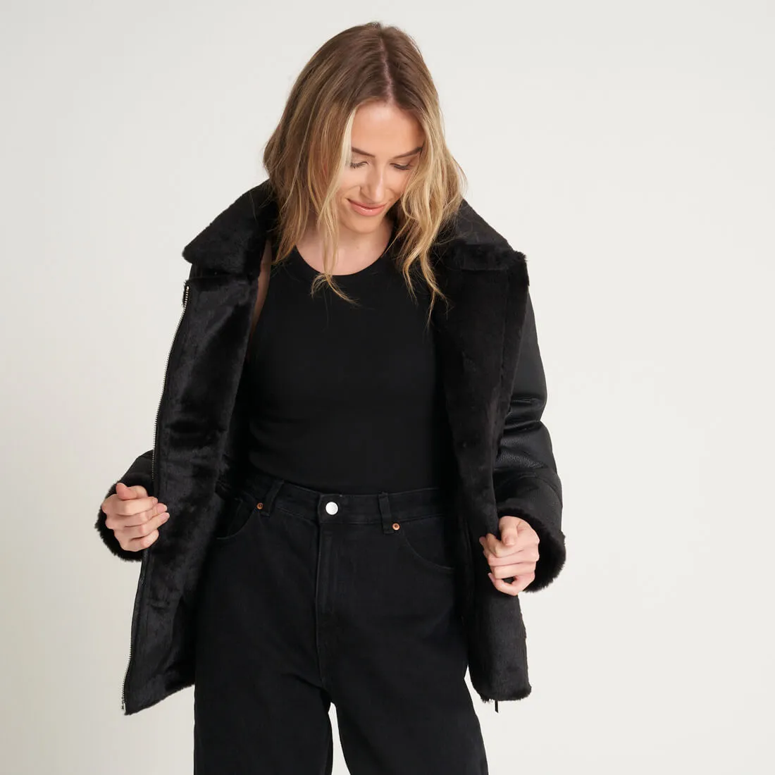 Women's Faux Fur Aviatori in Black | Barneys Originals