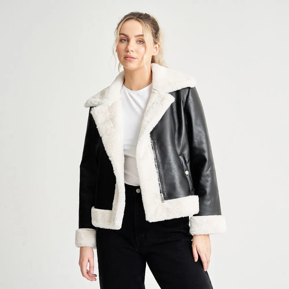 Women's Monochrome Aviator with Faux Fur Cuffs - Barneys Originals