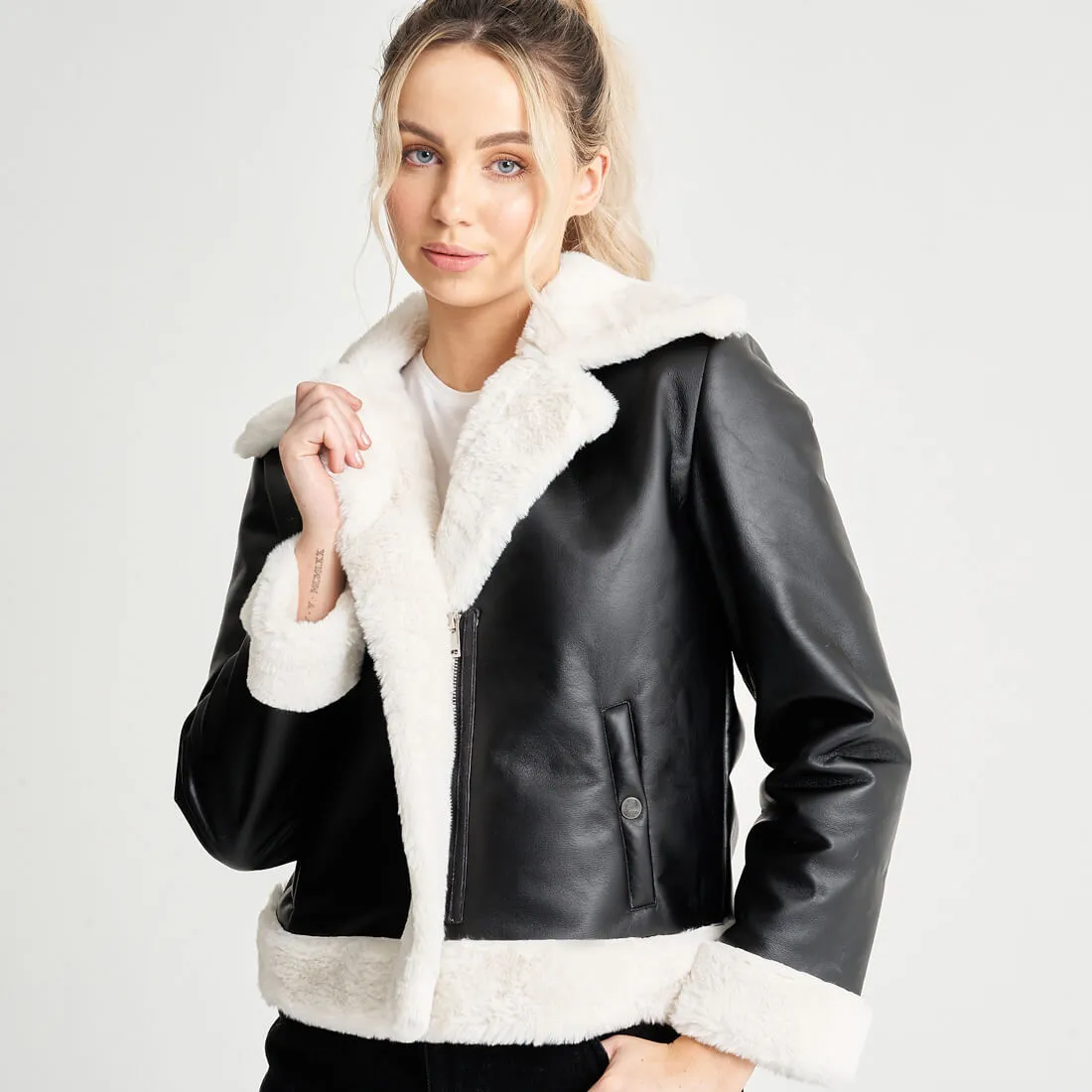 Women's Monochrome Aviator with Faux Fur Cuffs - Barneys Originals