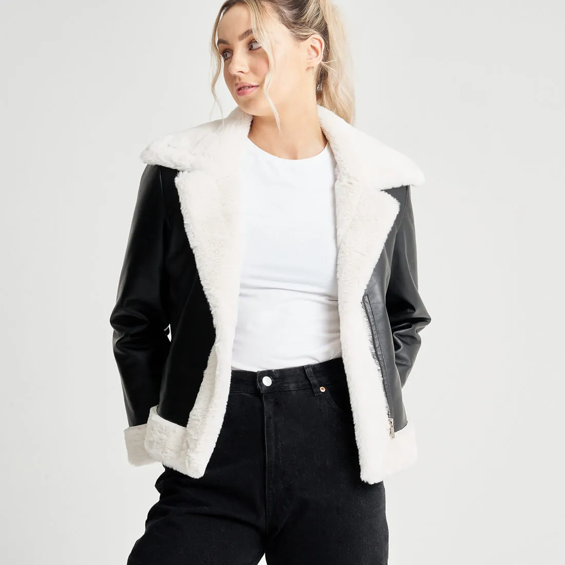 Women's Monochrome Aviator with Faux Fur Cuffs - Barneys Originals