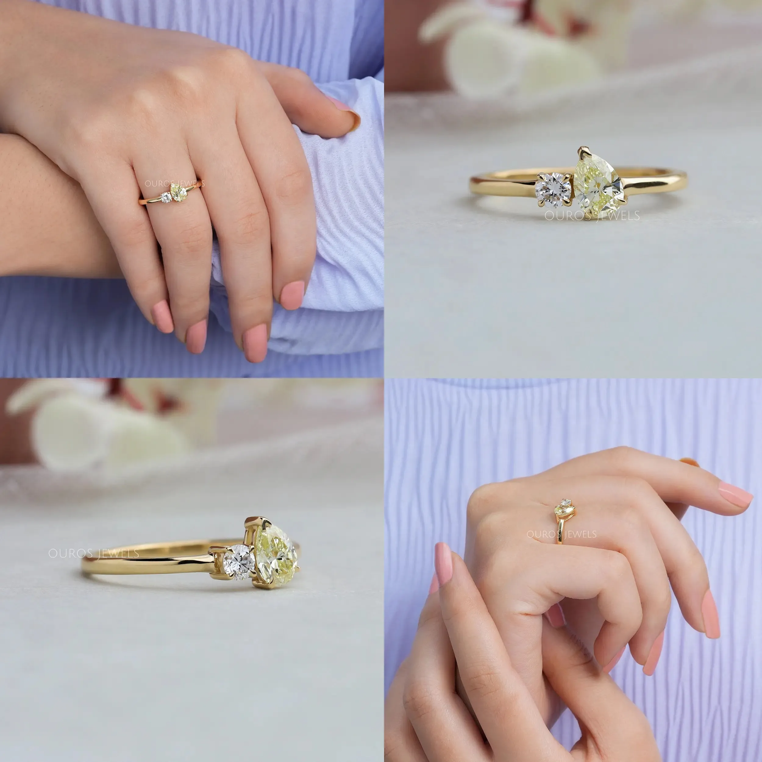 Yellow Pear & Round  Cut Two  Stone Ring