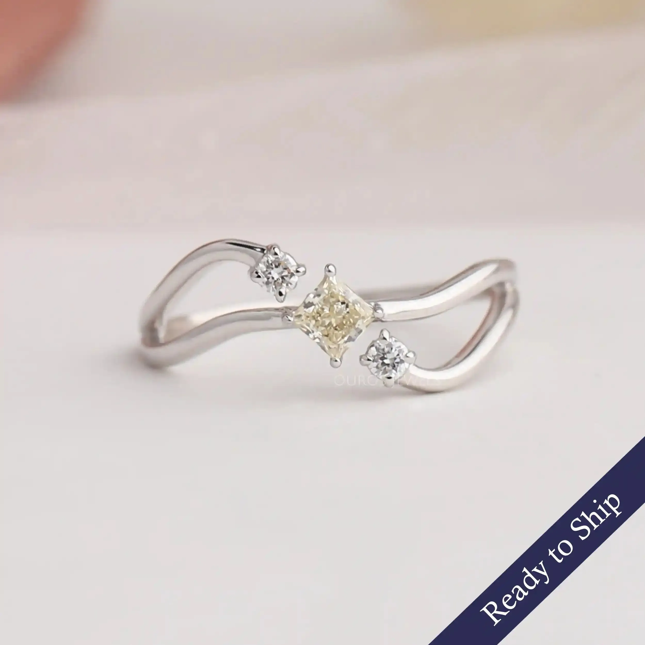 Yellow Princess Cut Three Stone Dainty Ring