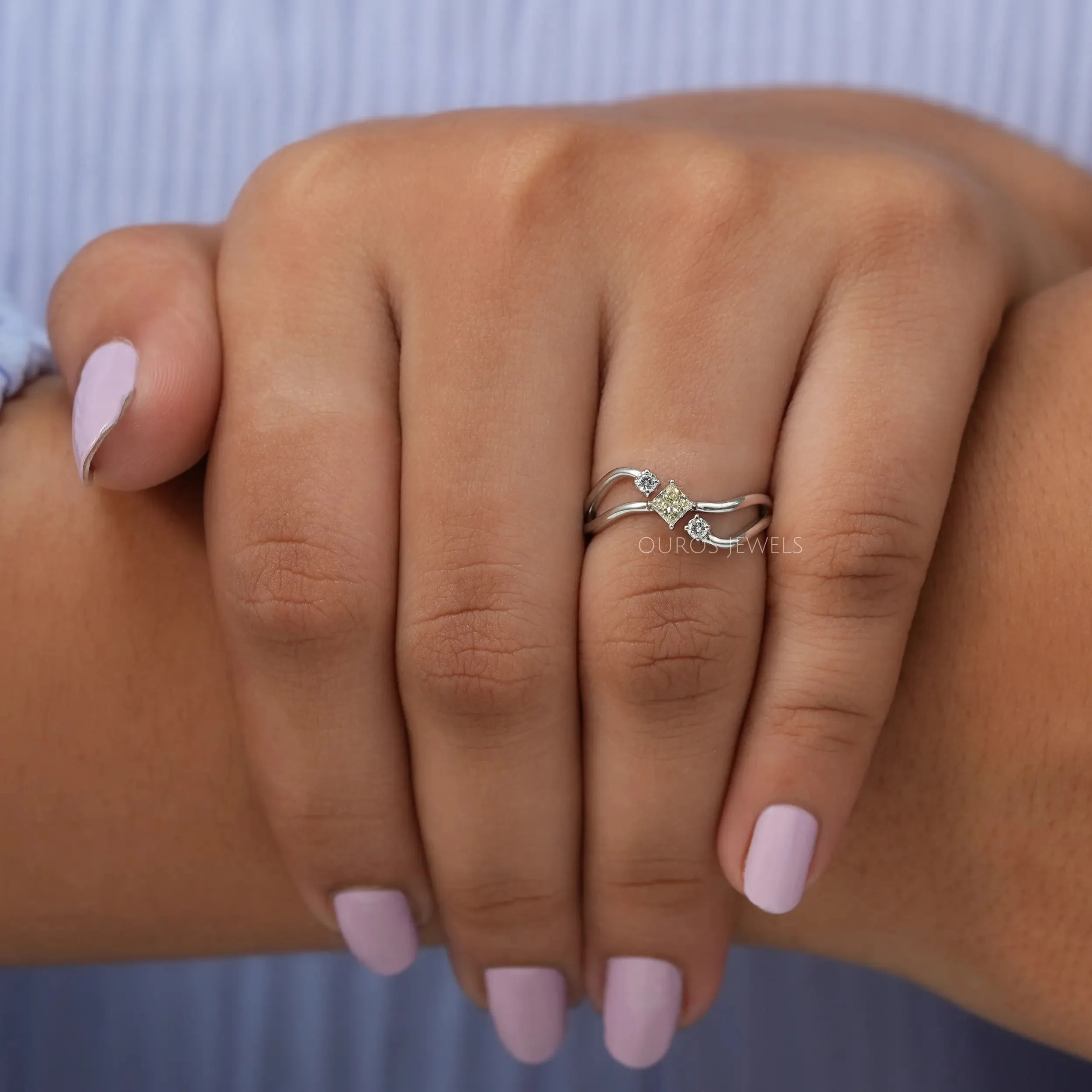 Yellow Princess Cut Three Stone Dainty Ring