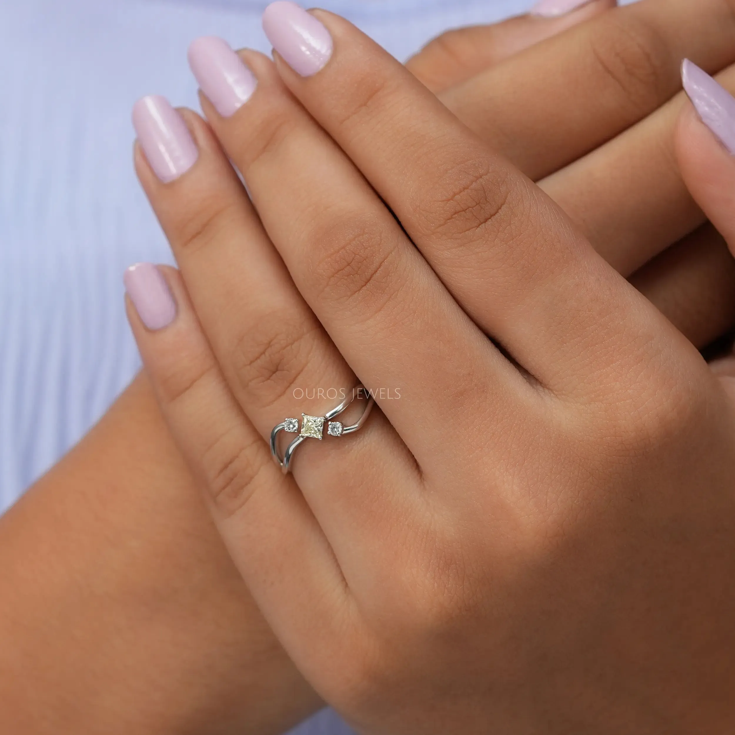 Yellow Princess Cut Three Stone Dainty Ring