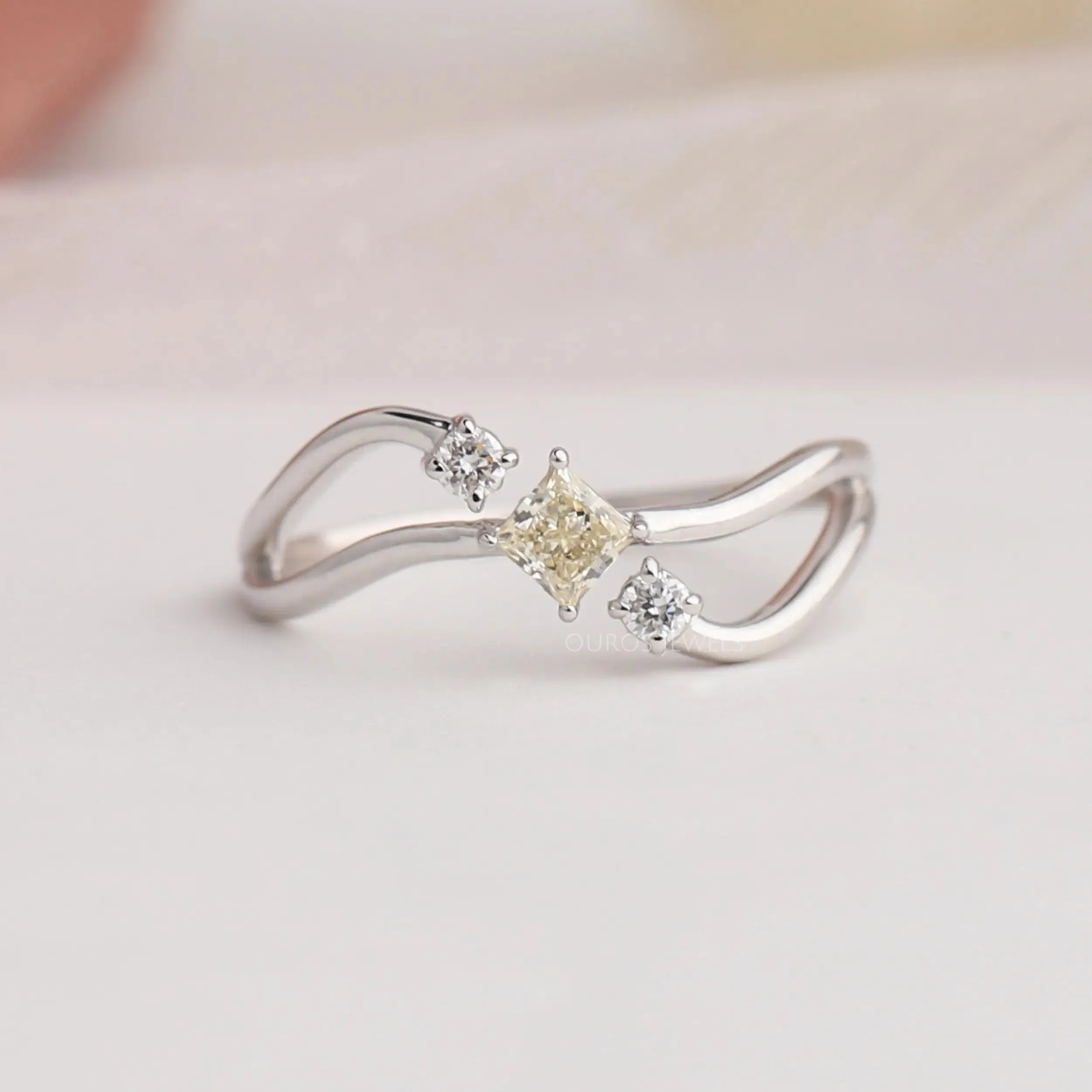 Yellow Princess Cut Three Stone Dainty Ring