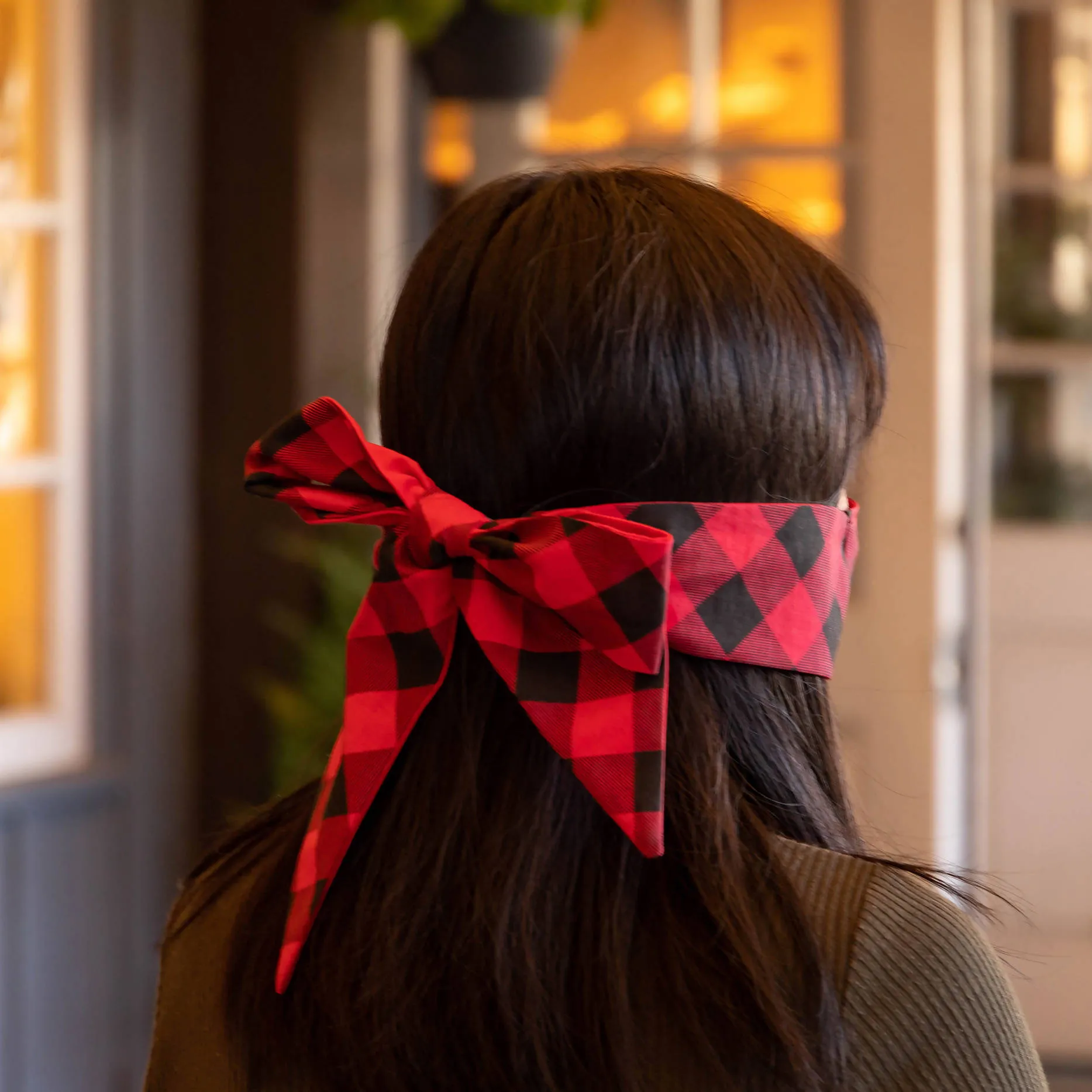 Yennie Zhou Designs - Red Checker Pattern Holiday Mask w/ Bow