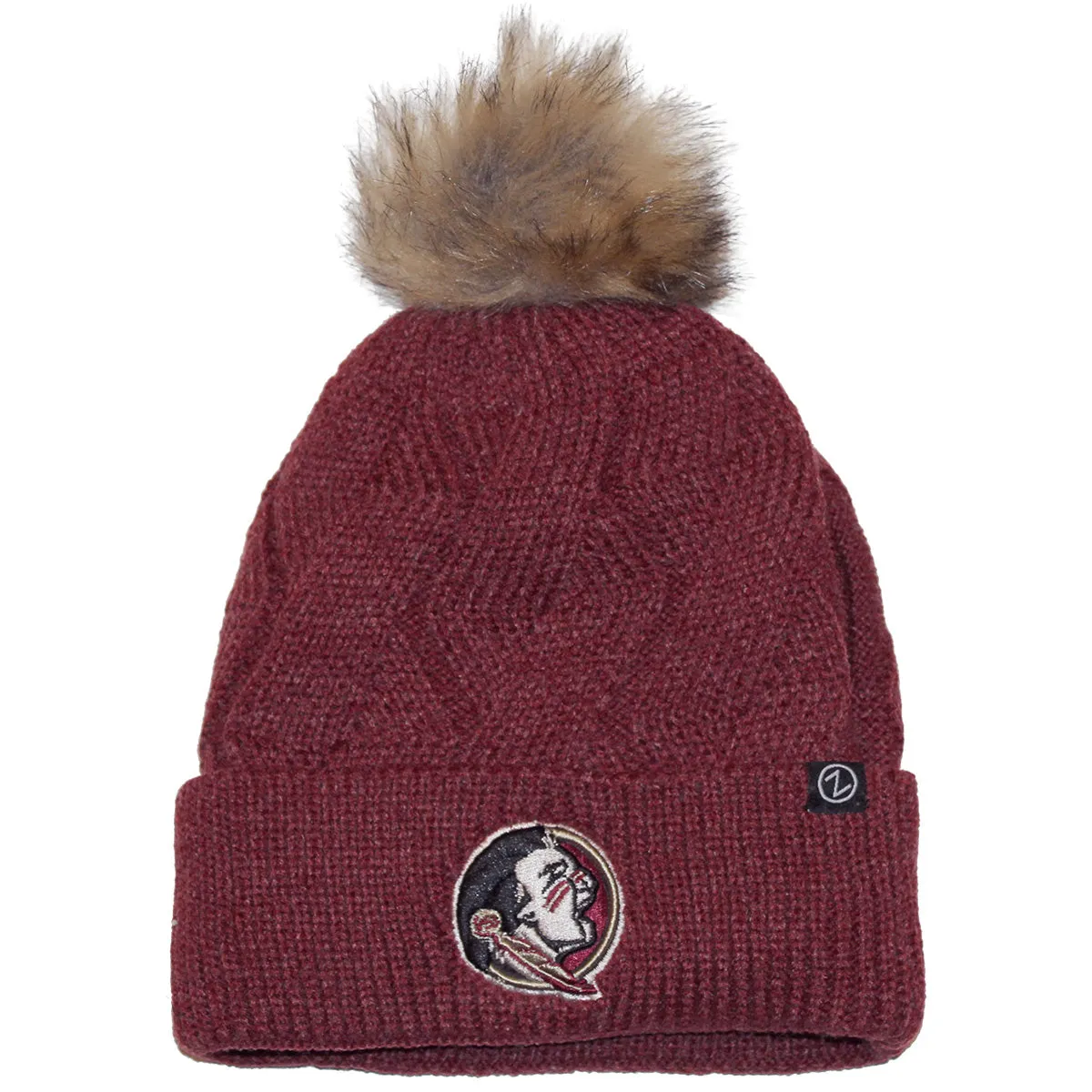 Zephyr Women's Seminole Logo Heathered Woven Cuff Faux Fur Pom Knit Cap - Heathered Garnet