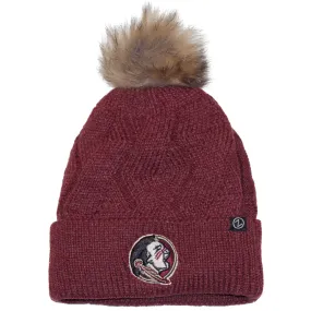 Zephyr Women's Seminole Logo Heathered Woven Cuff Faux Fur Pom Knit Cap - Heathered Garnet